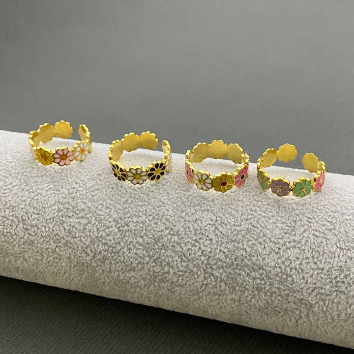 Enamel Daisy Flower 18K Gold Plated SS Adjustable Ring - FGS for wholesale by Mio Queena