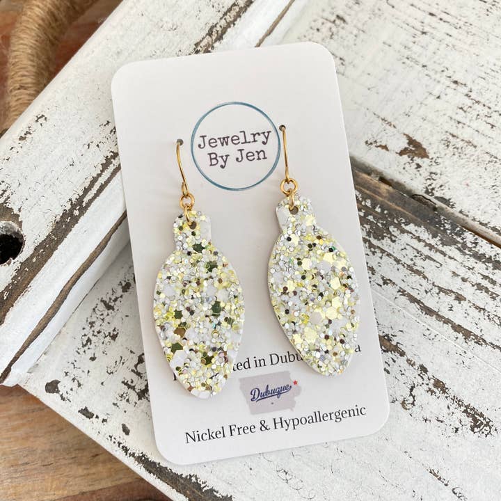 Jewelry By Jen - Wholesale Dangle Earrings - Holiday Light Bulb Earrings: Gold & White Glitter1
