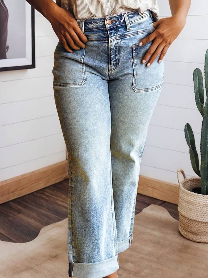 LAS-LIVE Square Patch Pocket Button High Waist Jeans (4-16) for wholesale by LA Society