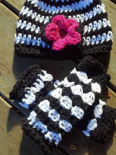 Striped Crochet Hat with Flower and Legwarmers Set for wholesale by Mad Hatter Farm