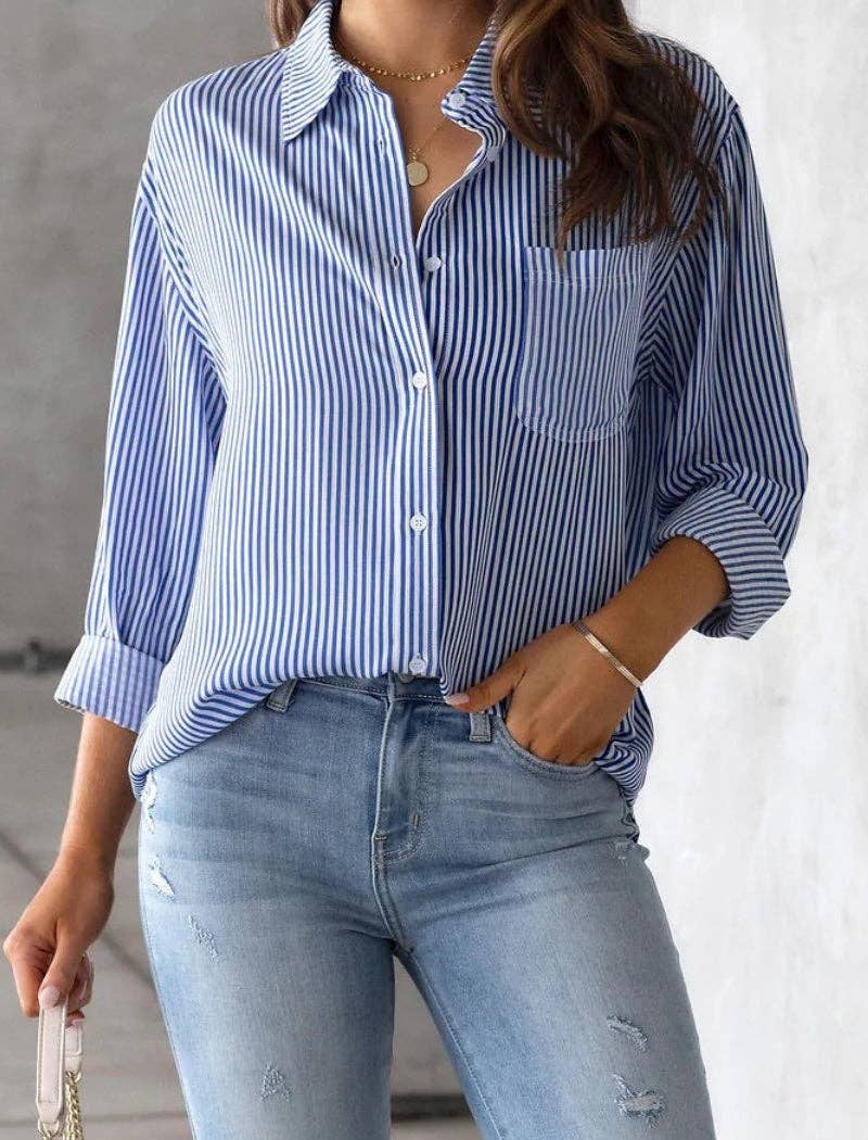 safistyle - Wholesale Button Down Shirt - Women's - Button-Up Collared Striped Shirt7
