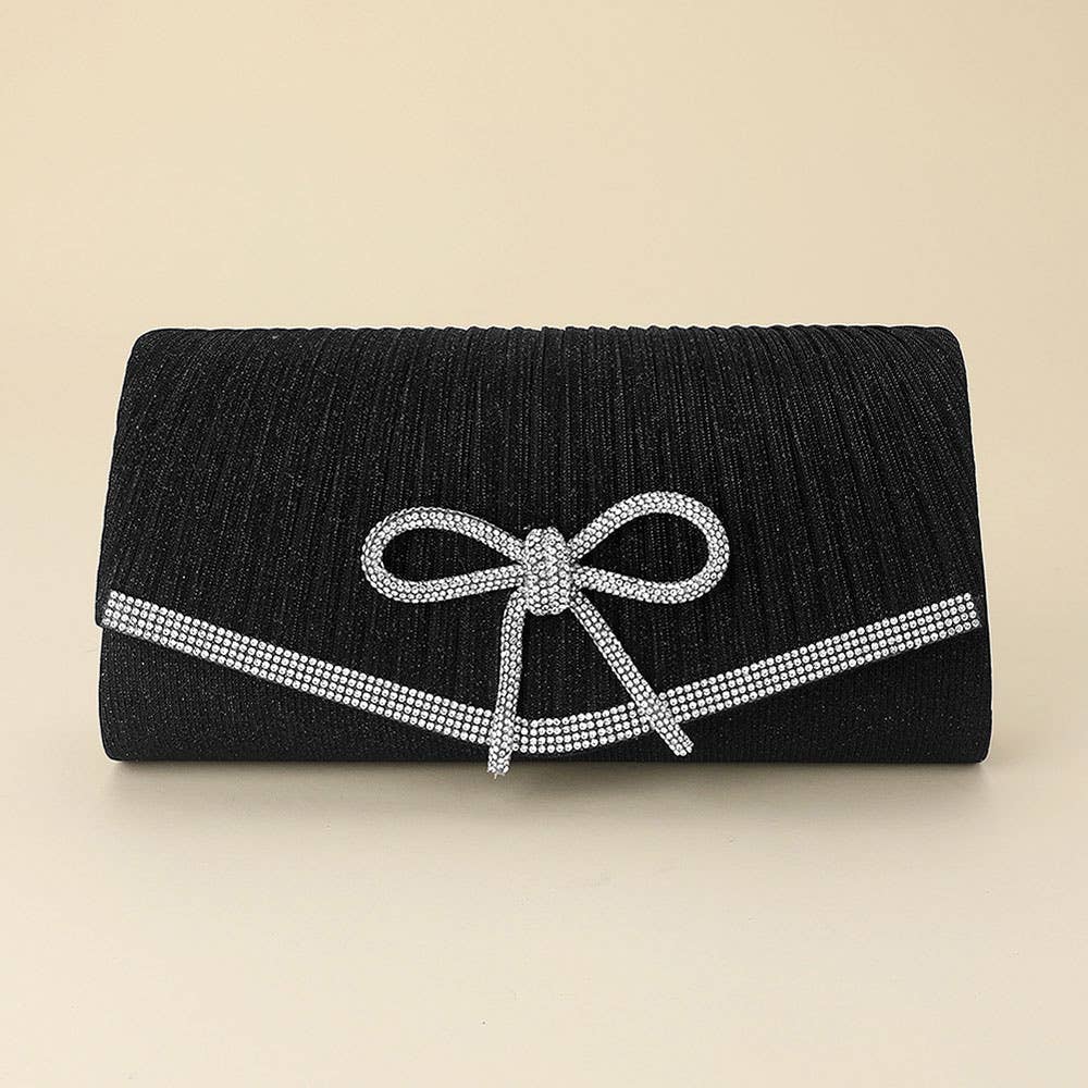Sensibling Corp. - Wholesale Clutch Bag - Women's - Rhinestone Studded Bow Accent Pleated Evening Crossbody Clutch Bag0
