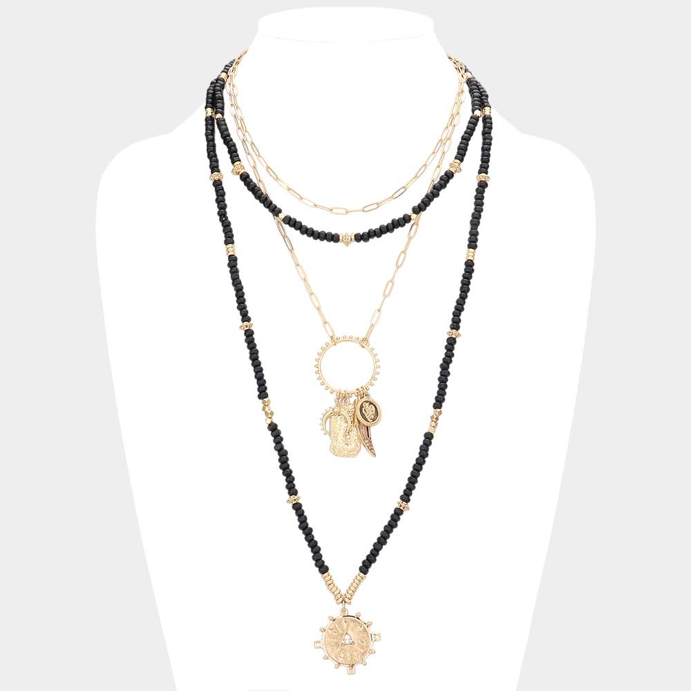 Sensibling Corp. – wholesale Pendant/charm necklace – Double Horn Evil Eye Centered Pendant Wood Beaded Multi Layered Necklace4