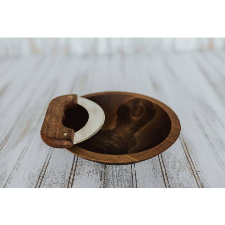 9" beukenhout, donkere walnoot met Mezzaluna-mes, bijenolie-afwerking voor wholesale door Holland Bowl Mill