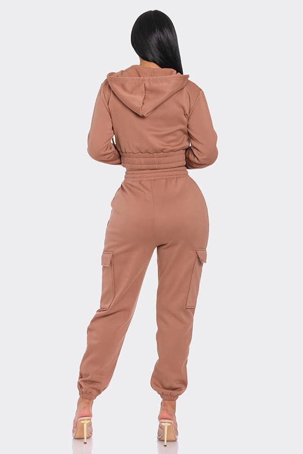 Lime All the Time – Engroshandel Top- og buksesæt (IKKE Loungewear) - Dame – 2 stk beskåret lynlås hættetrøje og Cargo Jogger Bukser Sæt3