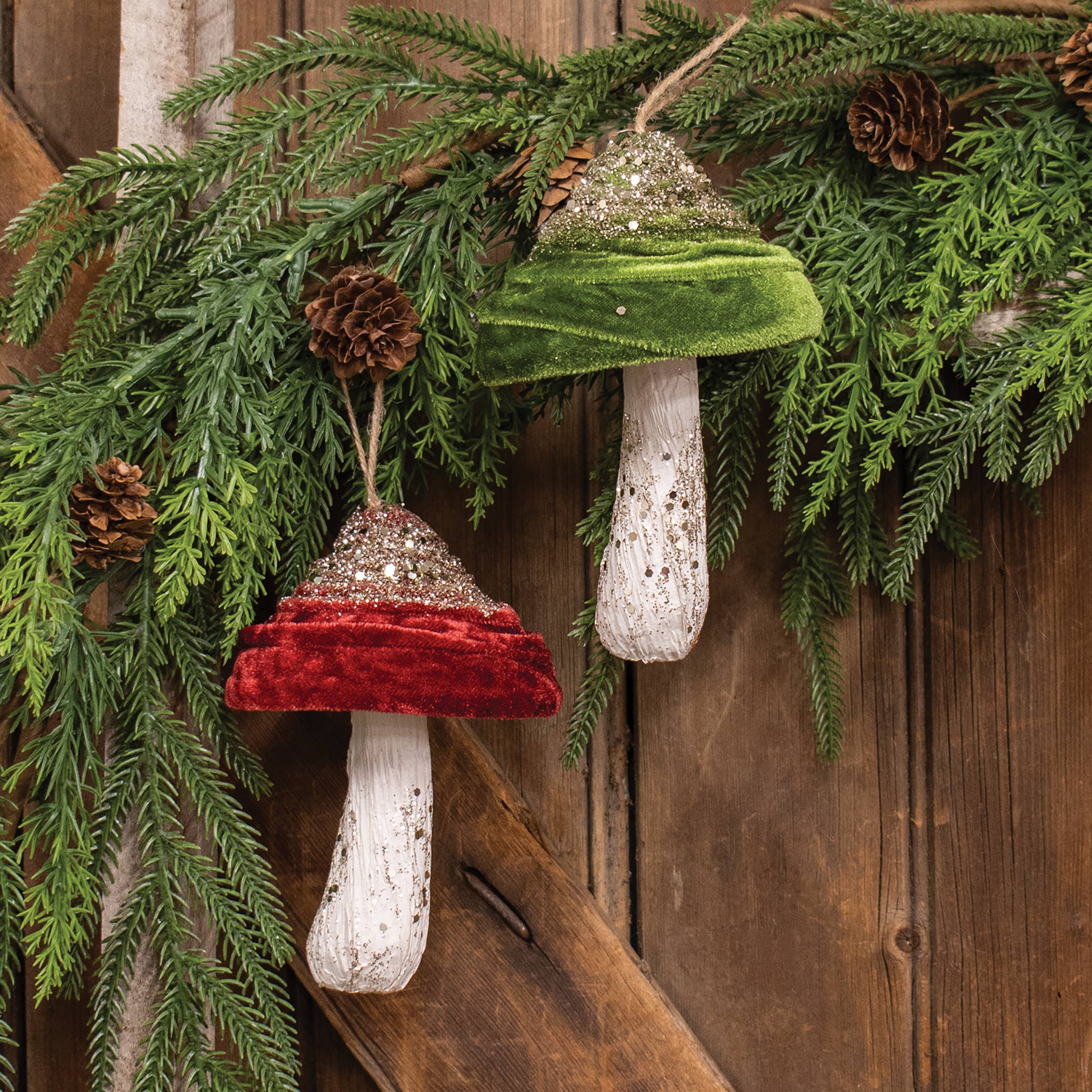 Bright Ideas - Wholesale Ornament - Velvet Glittered Mushroom Ornament 5.5", 2 Asstd.1