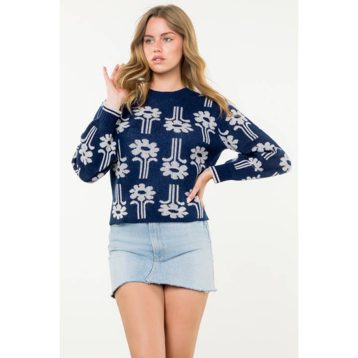Floral Jacquard Long Sleeve Knit Sweater for wholesale by THML