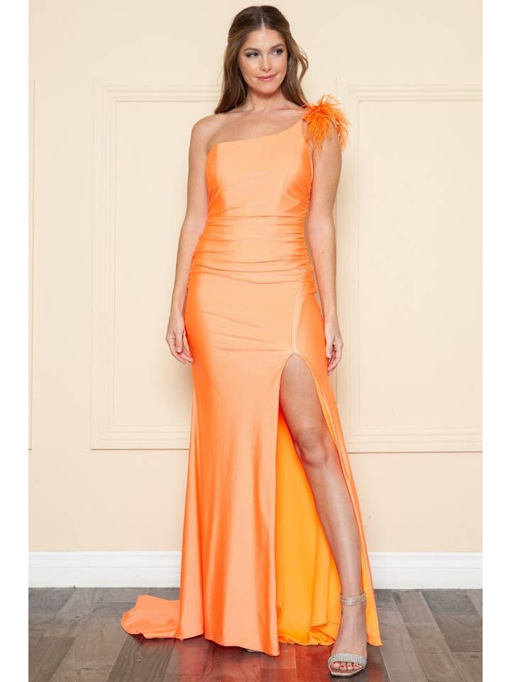 POLY USA - Wholesale Gown – Women's - 9068- One shoulder Feather detail Spandex Dress7
