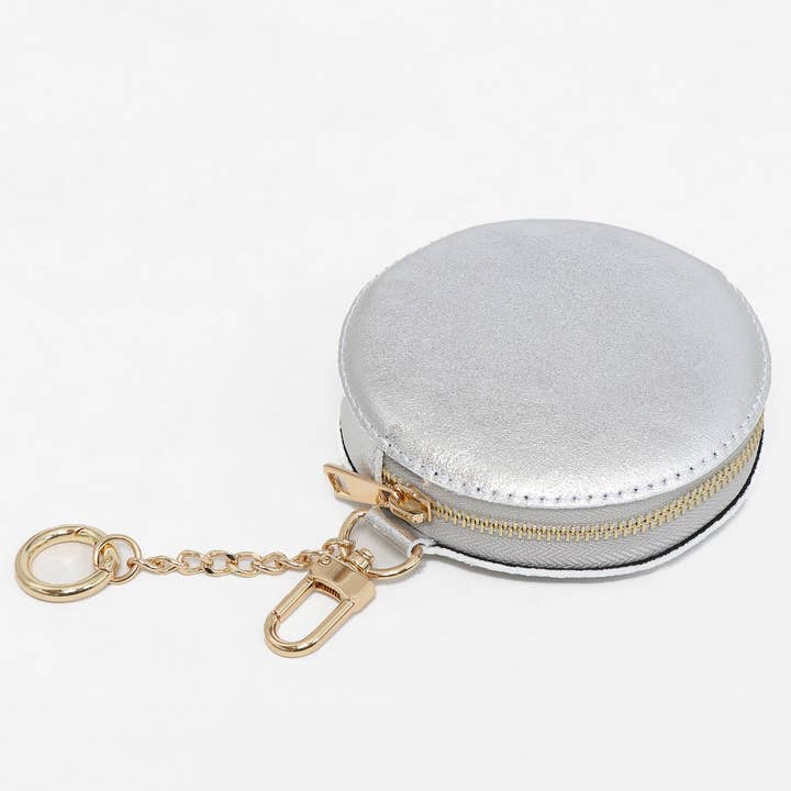 Monedero redondo con clip de piel italiana plateada para venta al por mayor de Sarta Pelle