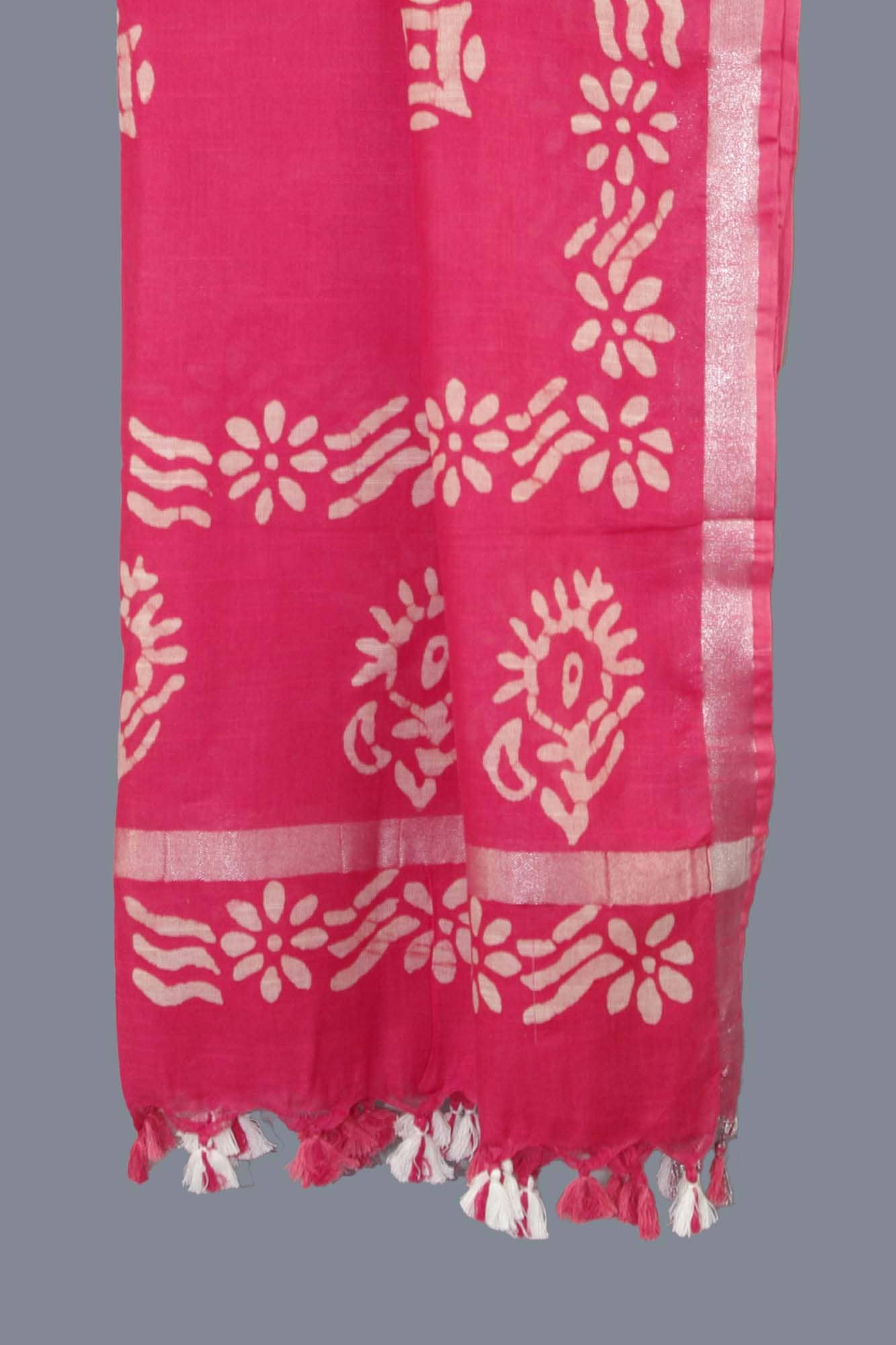 Kantha Decor – wholesale Scarf – Women's – Linen Scarf / Stole with Tussle  - Salmon Pink Batik Print1