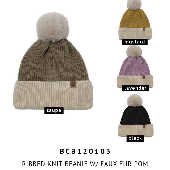 Do Everything In Love® - Vente Bonnet – femme - Bonnet en tricot côtelé avec pompon en fausse fourrure1