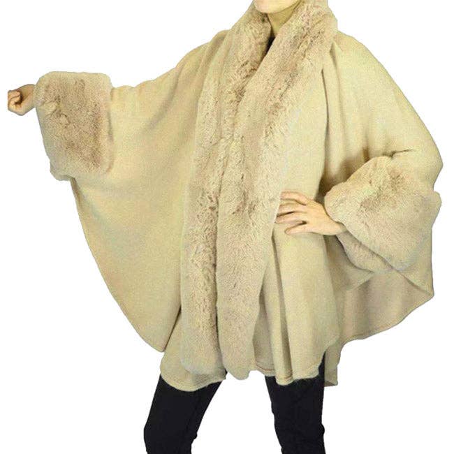 Elegant Faux Fur Trim Lapel Cuffs Knit Poncho Ruana for wholesale by Madeline Love