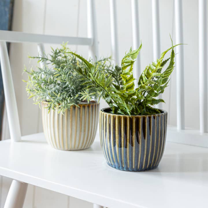 Nalin Set 2 Ribbed Garden Ceramic Planter Pots Cream Blue for wholesale by Foreside Home & Garden