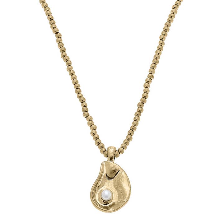 Canvas Style - Wholesale Pendant/Charm Necklace - Helene Oyster & Pearl Necklace in Shiny Gold