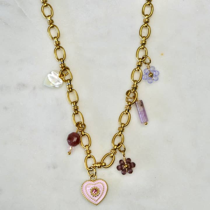 Ketting Charms Paarse Bloemen voor wholesale door Horizonandjoyas