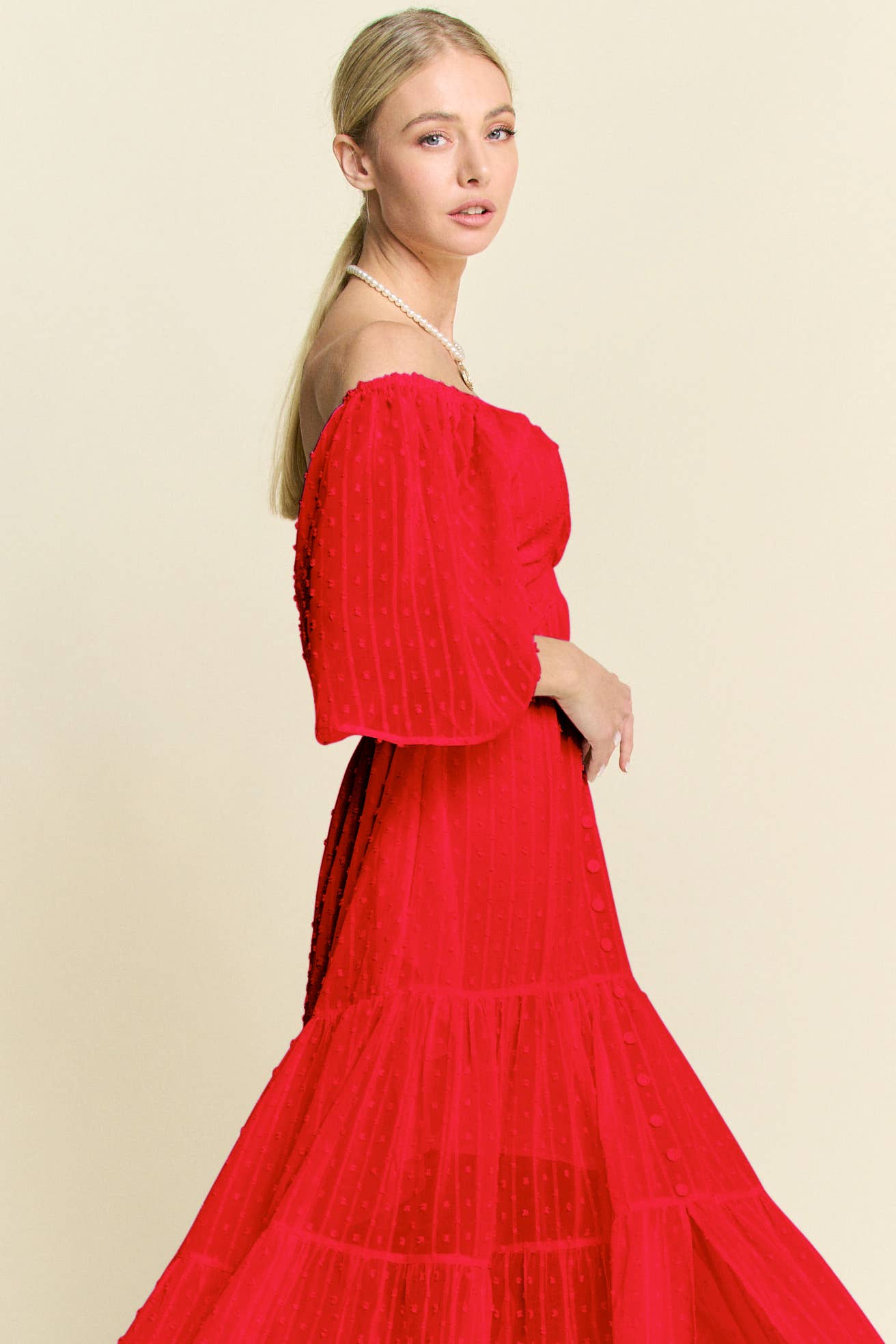 Davi & Dani – wholesale Dress – Women's – SWISS DOTTED RUCHED RUFFLE OPEN BACK MIDI DRESS8