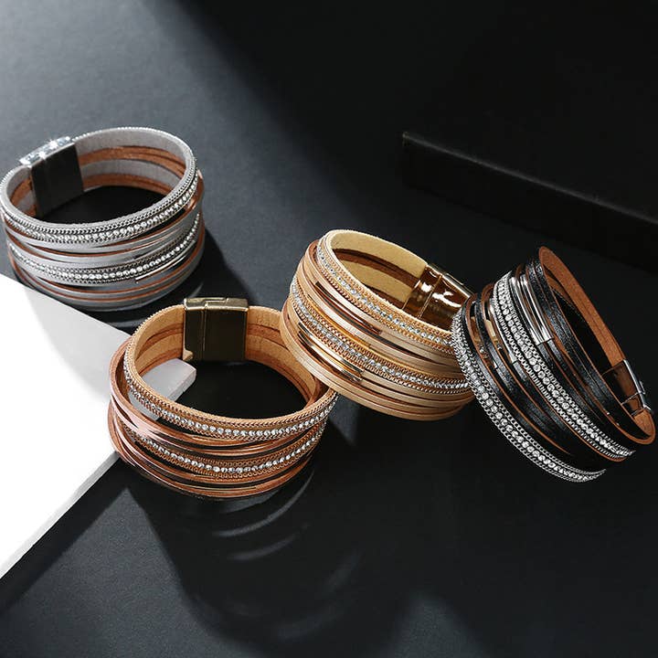 Ole - Wholesale Bangle Bracelet - Leather Rhinestone Bracelet B4246