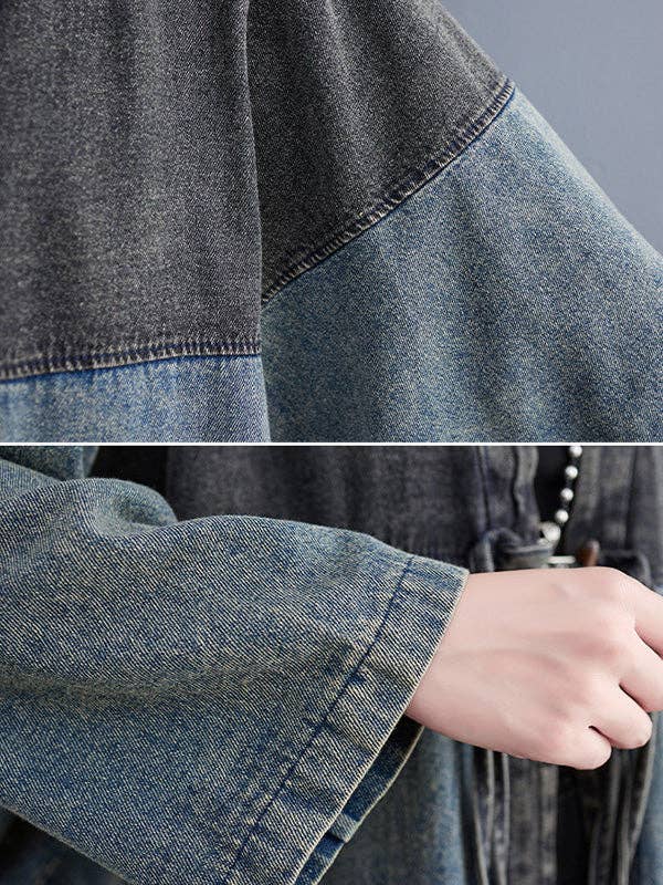BLÅ Konstnärlig retro denim långa ärmar löst bundna split-joint trenchytterkläder för wholesale på Faire9