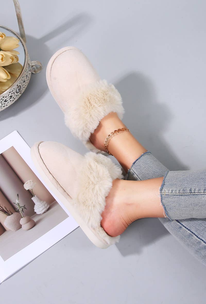 BELLICY / Cink-me - Wholesale Mules - Women's - LL500-2, Flat faux suede mules with faux fur trim