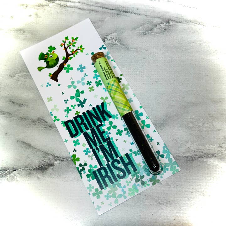 Drink Me I’m Irish Tea Greeting Card w Test Tube Tea for wholesale by FlowerTeas