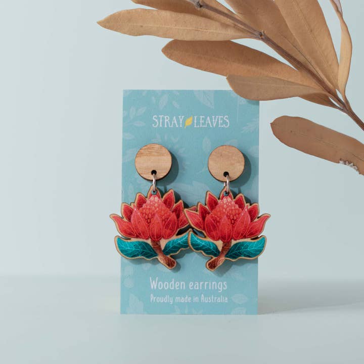 Australian Waratah wooden statement earrings for wholesale by Stray Leaves
