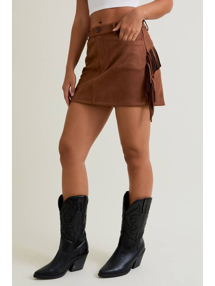 Brown FRINGE DETAIL LOW WAIST SUEDE SKIRT for wholesale on Faire2