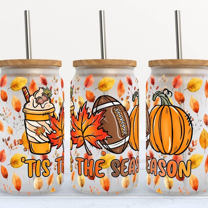 Tis the Season Fall Football 16oz Libbey Glass Tumbler for wholesale by Kate Haven Glass Tumblers for Every Occasion