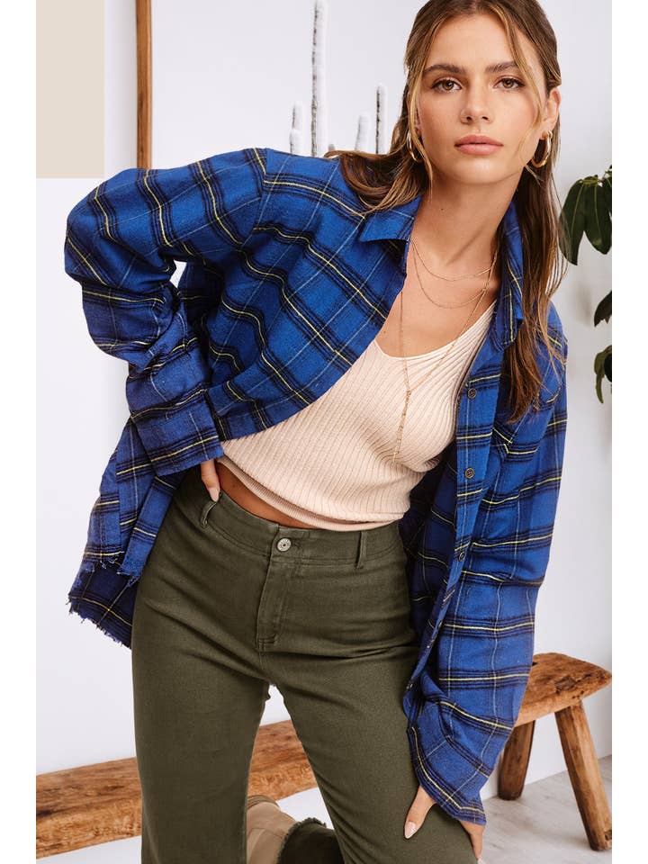 La Miel - Wholesale Buttoned-down shirt – Women's - SRT1329-Loose Fit Button Down Two-Tone Washed Plaid Shirts21