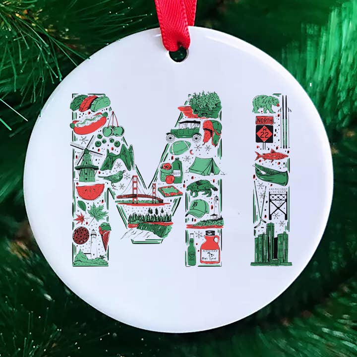 Illustrated MI Letters Ceramic Ornament for wholesale by City Bird