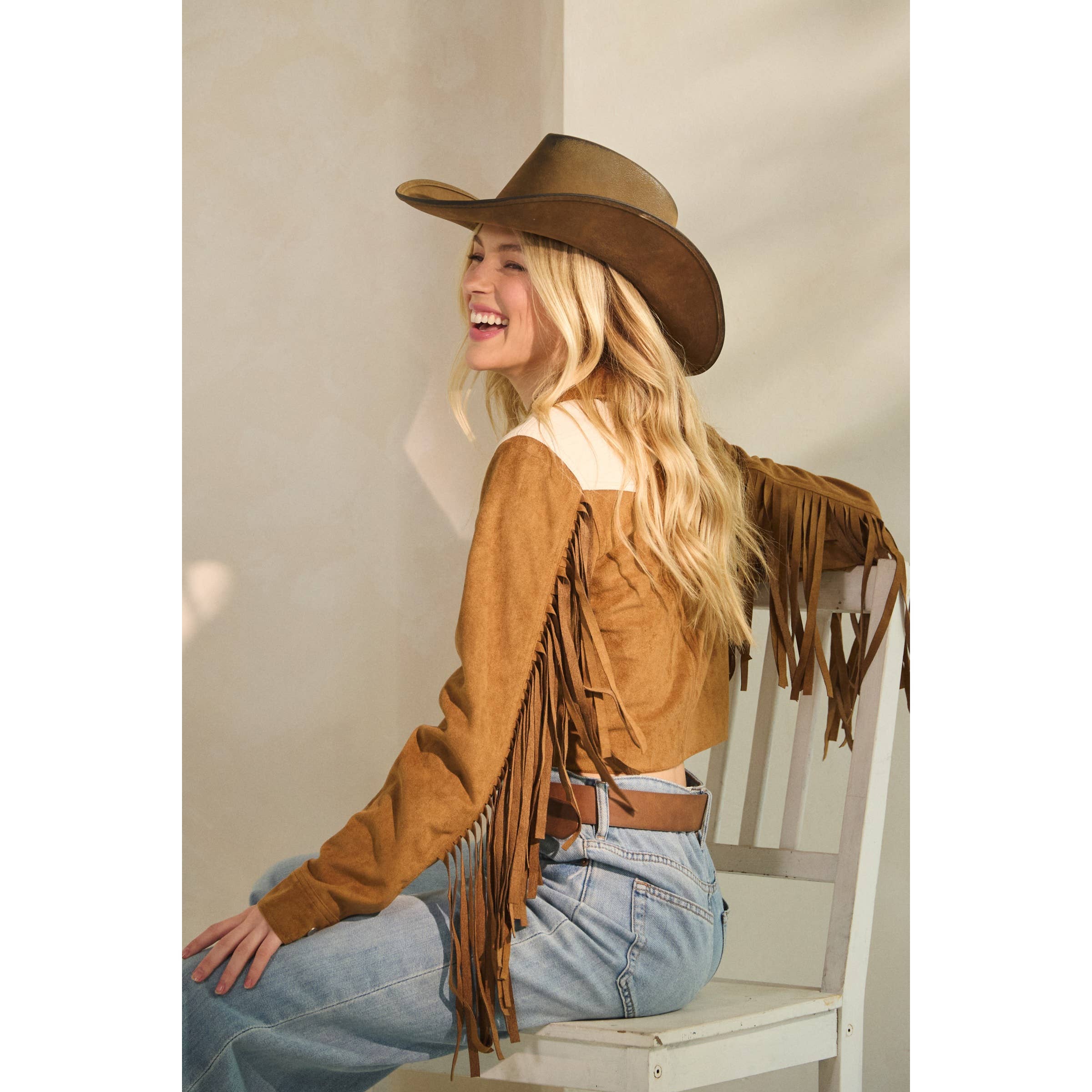 Camel Suede Jacket with Fringe Detail for wholesale on Faire34