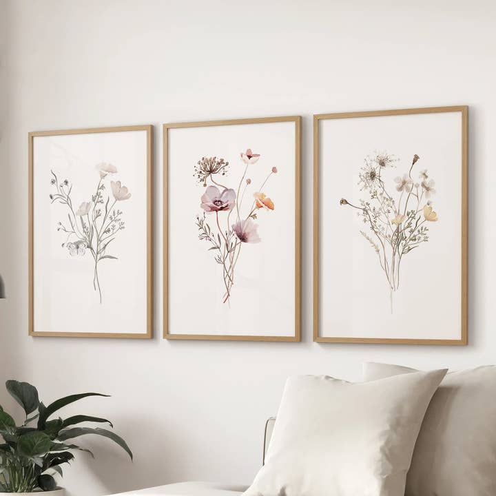 PrintSets.com - Wholesale Gallery Wall Set - Watercolor Wildflower Set of 3 Prints. Botanical Floral Art for Cottage Spaces