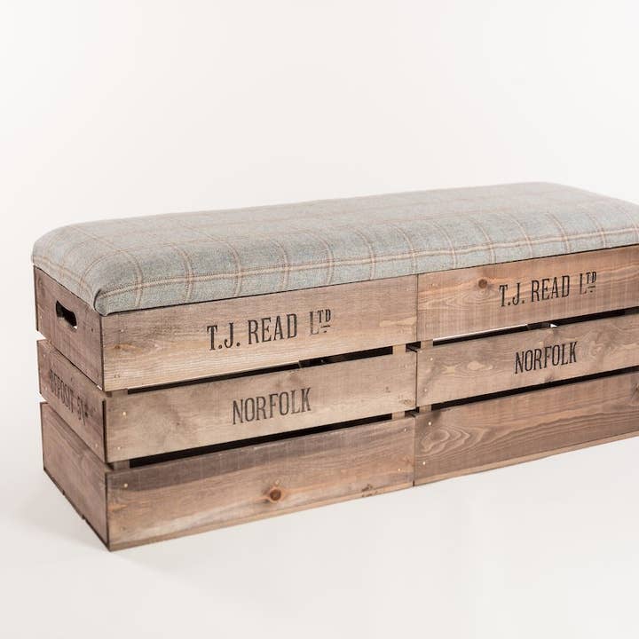 Dove tweed storage bench for wholesale by Tiffany Jayne