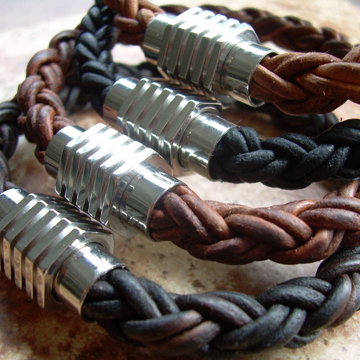 Urban Survival Gear USA - Wholesale Jewelry - Men's - Men's Bracelets Leather Mens Thick Braided Leather Bracelet with a Large Stainless Steel Magnetic Clasp Fathers Day Gift Mens Jewelry
