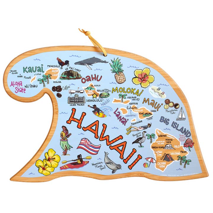 Hawaiian Islands Cutting Board with Artwork by Fish Kiss™ for wholesale by Totally Bamboo