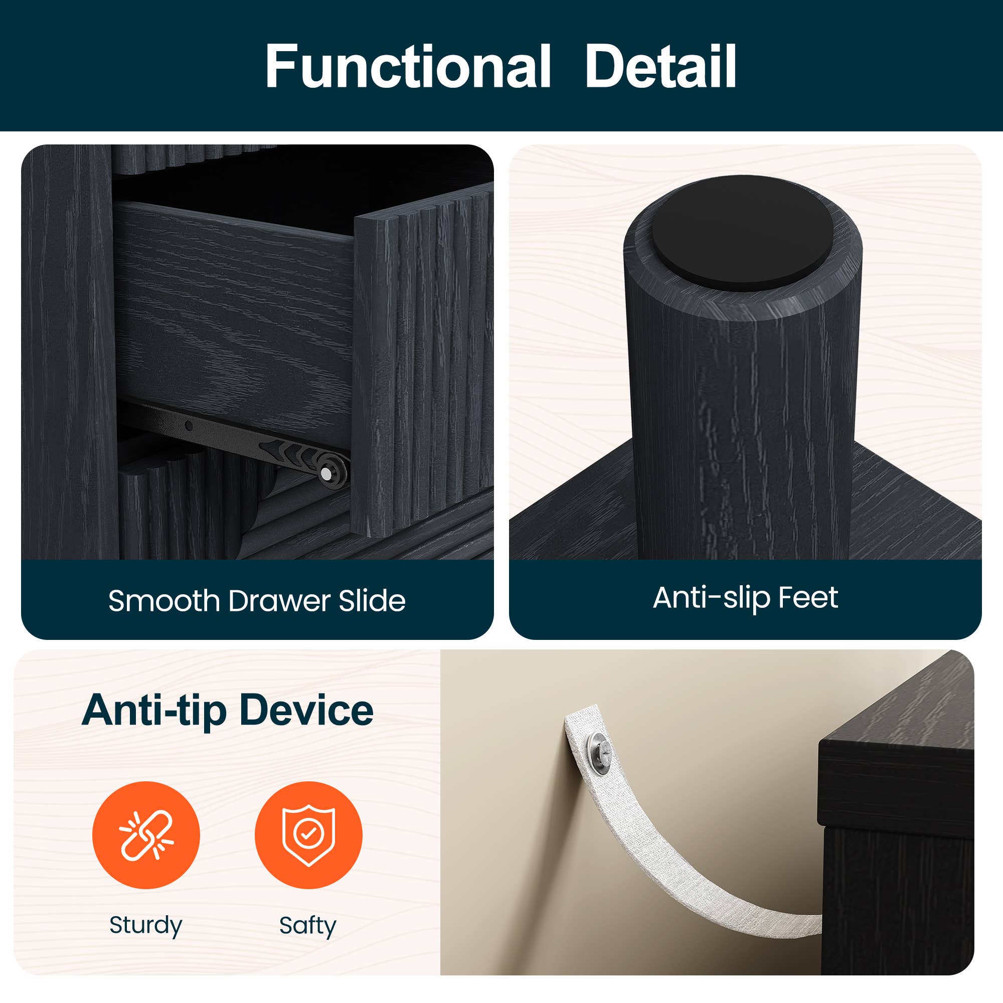 Heynemo - Wholesale Cabinet - Black 3 Drawer Nightstand, Small Dresser Wooden Storage6