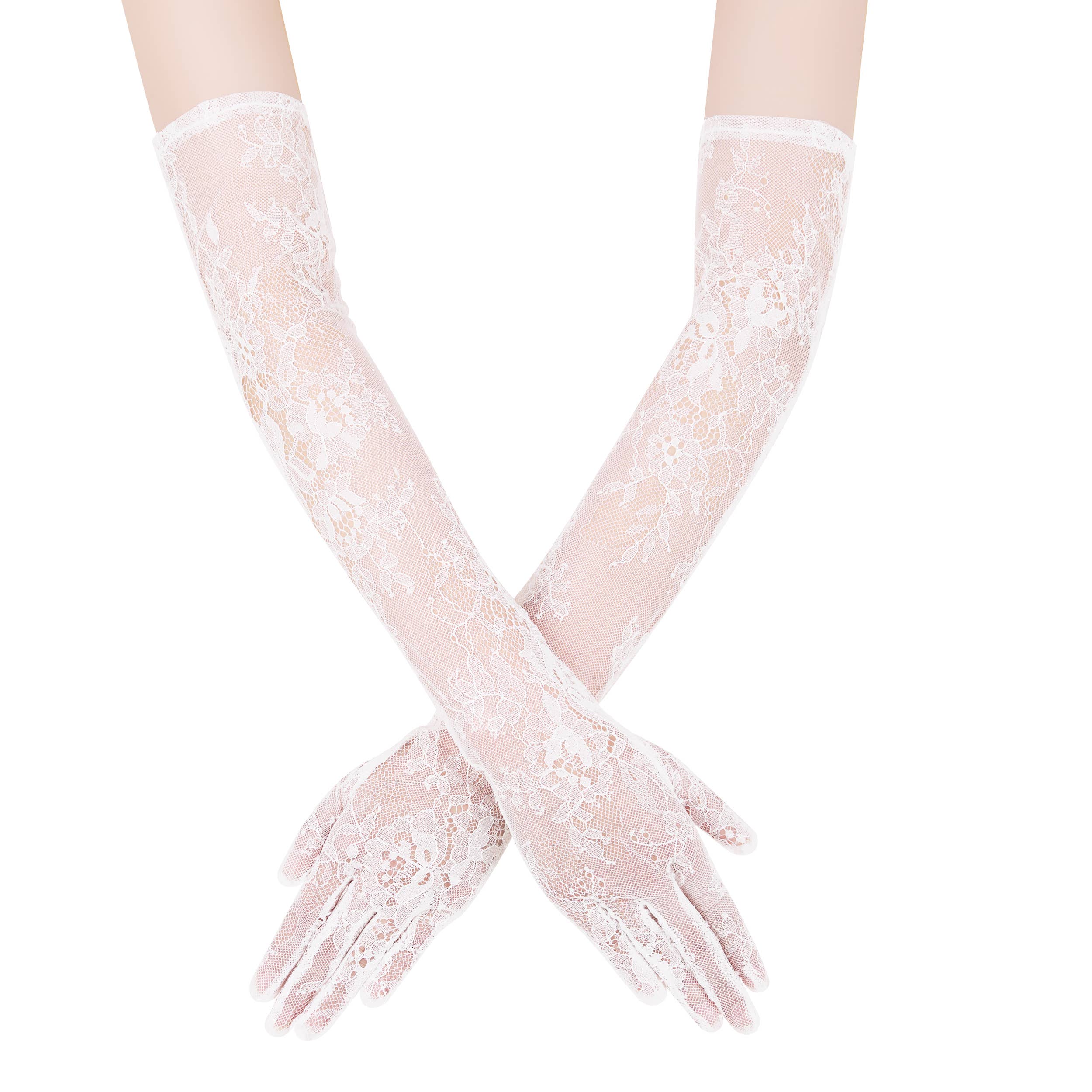 Floris Linens - Venta al por mayor Guantes - Mujer - Guantes de novia largos de encaje completo de tul.0