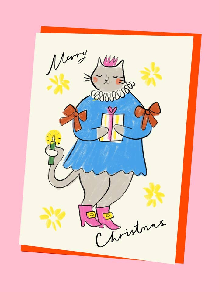 Dressed Cat Christmas Card for wholesale by Kitty Kenda Papergoods