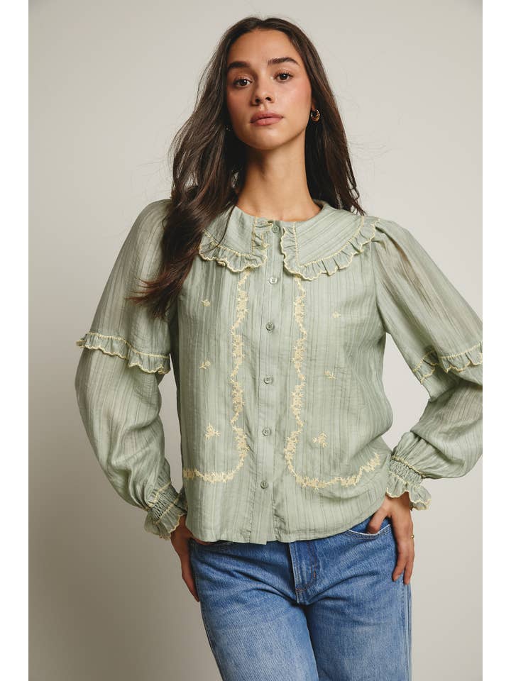 Forte – Großhandel Bluse – Damen – Bestickte Baumwollbluse mit Rüschkragen FT000315