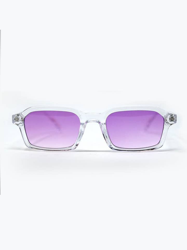 Rectangular Thick Acetate Clear Frame Sunglasses With Purple Smoke Lense for wholesale by Q2—All Orders:Free Duties for the US,UK,and Canada