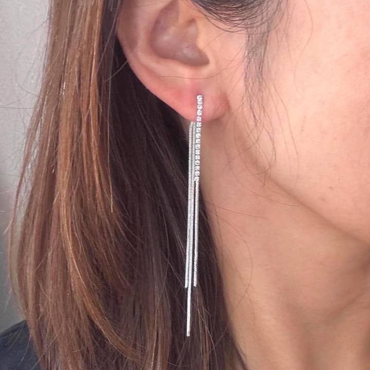 14K Silver Long Chain CZ Diamond Ear Jacket Drop Earring for wholesale by Everly Yours