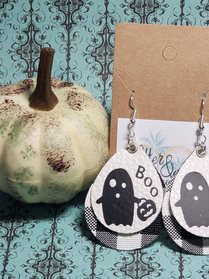 Halloween Ghost Faux Leather Earrings, Black and White Plaid Leather Earrings, Fall Leather Earrings, Halloween Leather Earrings for wholesale by Glitter and Glue 4 You