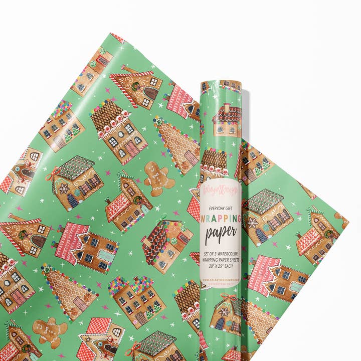 KelseyMDesigns - Vendita all'ingrosso Rotoli di carta da regalo - Carta da regalo natalizia Gingerbread House, rotolo da 3 fogli