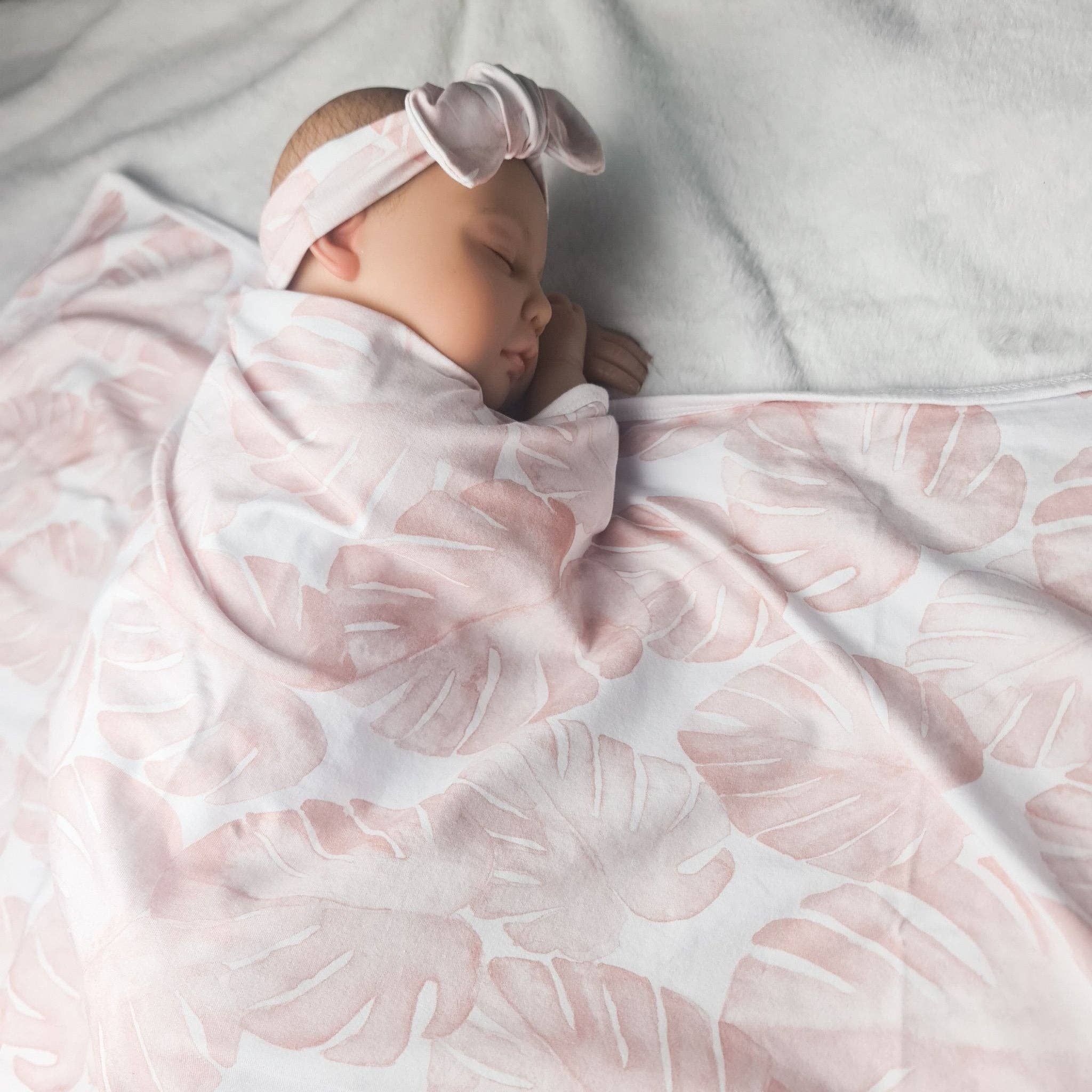 Minky Myles - Wholesale Swaddle Set - Baby - Pink palm blanket with headband - swaddle set2