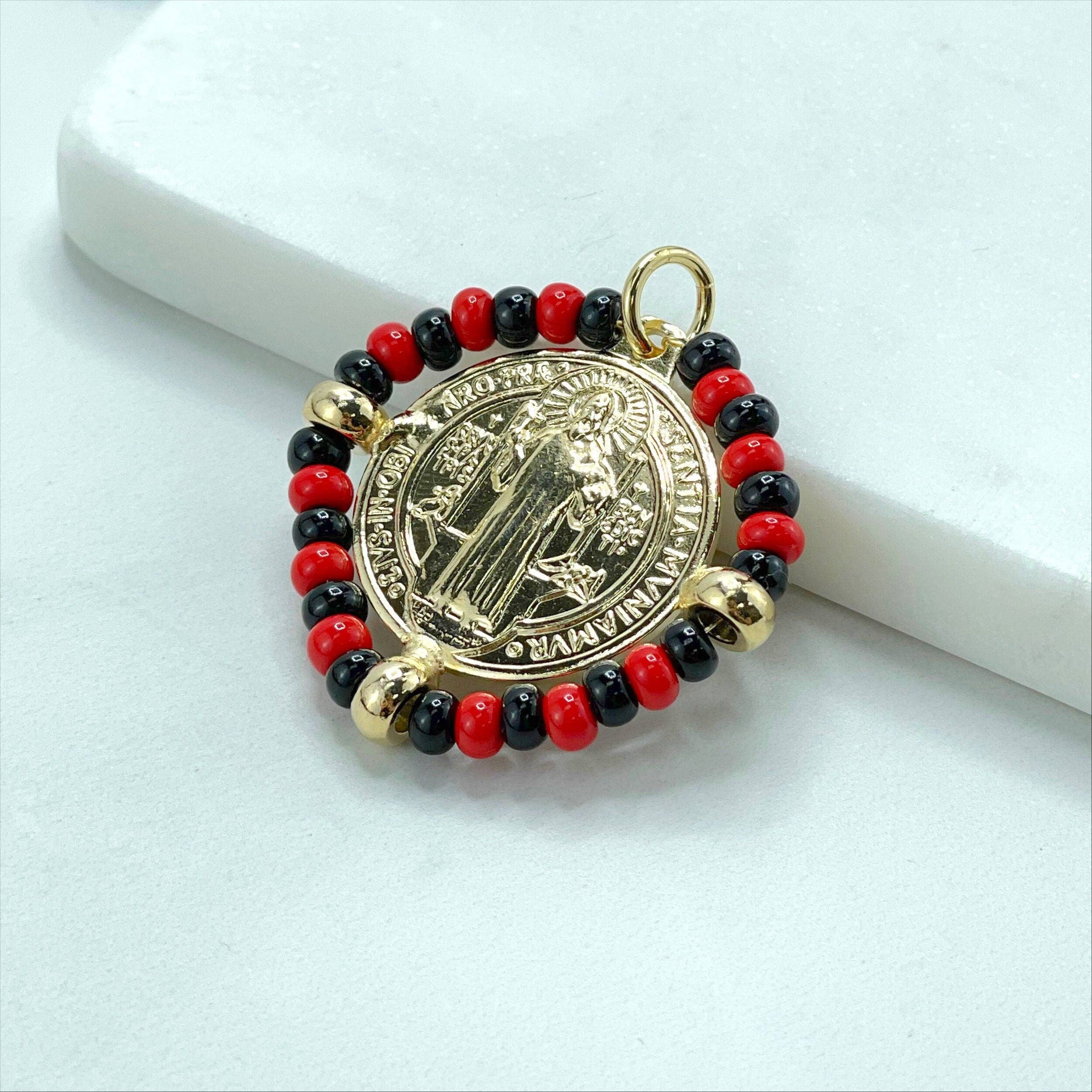 DIJU Jewelry - Wholesale  - 18k Gold Filled San Benito Coin, Black & Red Beads, 2 Sided Round Pendant Charms, Reversible San Benito, Wholesale Jewelry Making Supplies0