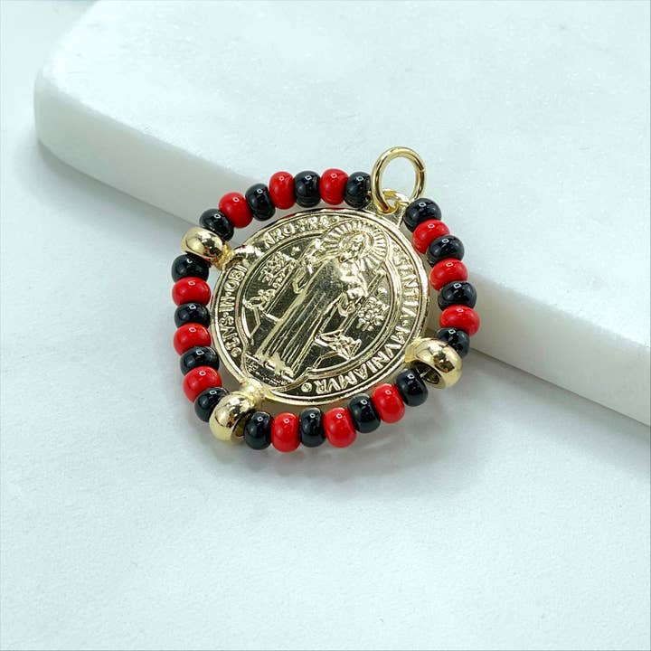 DIJU Jewelry - Wholesale - 18k Gold Filled San Benito Coin, Black & Red Beads, 2 Sided Round Pendant Charms, Reversible San Benito, Wholesale Jewelry Making Supplies
