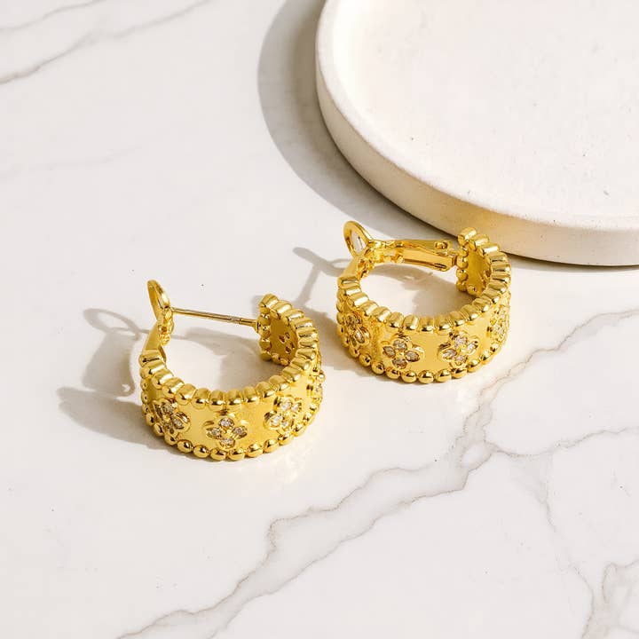 Amara Floral CZ Hoop Earrings – 18K Gold Plated Brass for wholesale by Revelari