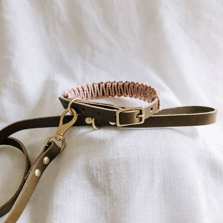 EMBER & IVORY - Wholesale Pet Collar - Dog - Olive/Blush Macrame & Leather Dog Collar2