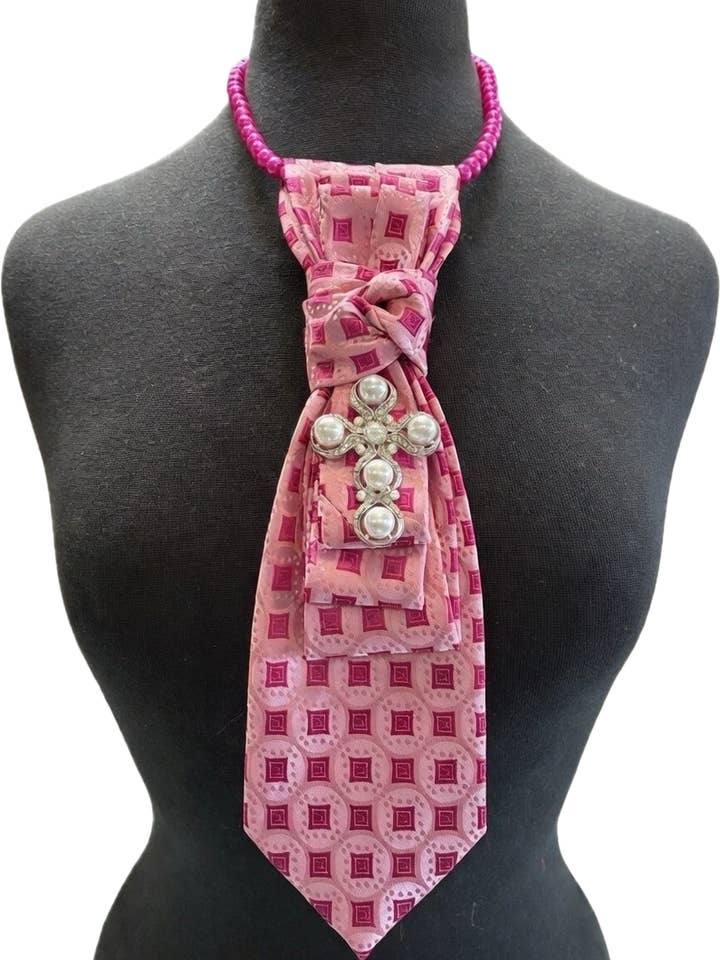 Custom Necktie Necklace - Pink Geometric w Pearl Cross Brooc for wholesale by See it…Love it…Buy it