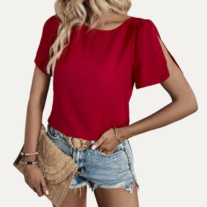 Liefste lichtgewicht donkerrode top met ronde hals en korte mouwen voor wholesale door The Moment Collection