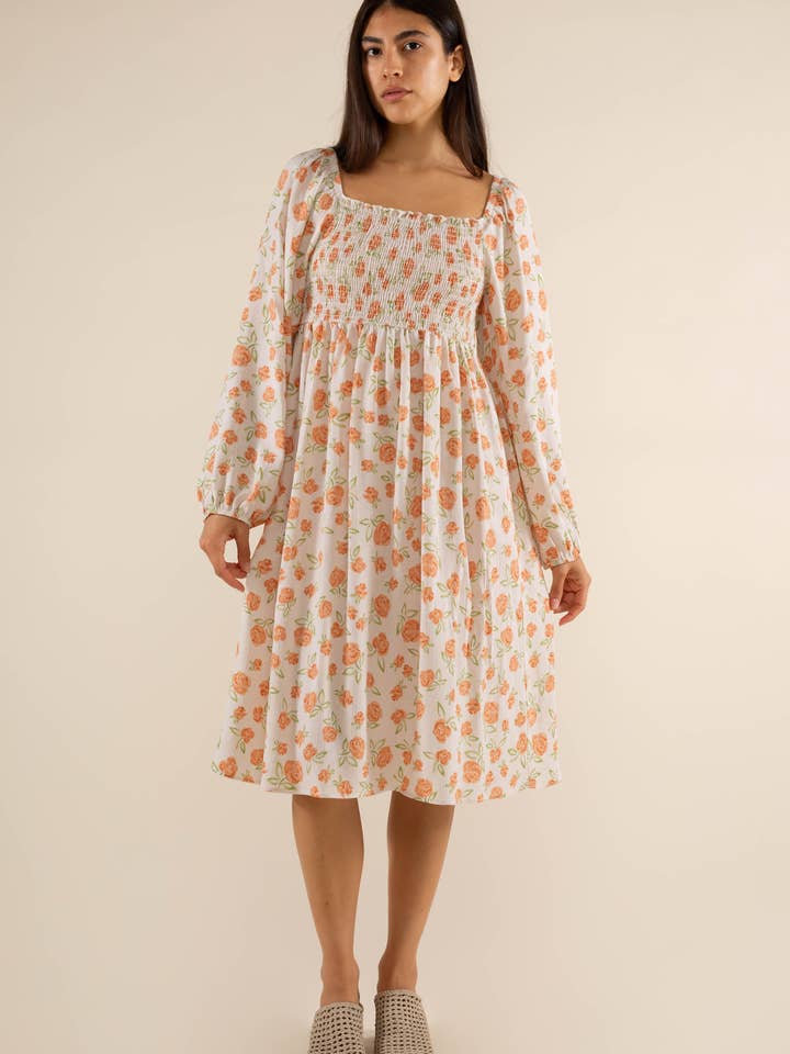 Orange/Elfenbeinfarbenes Muster Kleid mit Dawn Roses Print für den Großhandel auf Faire
